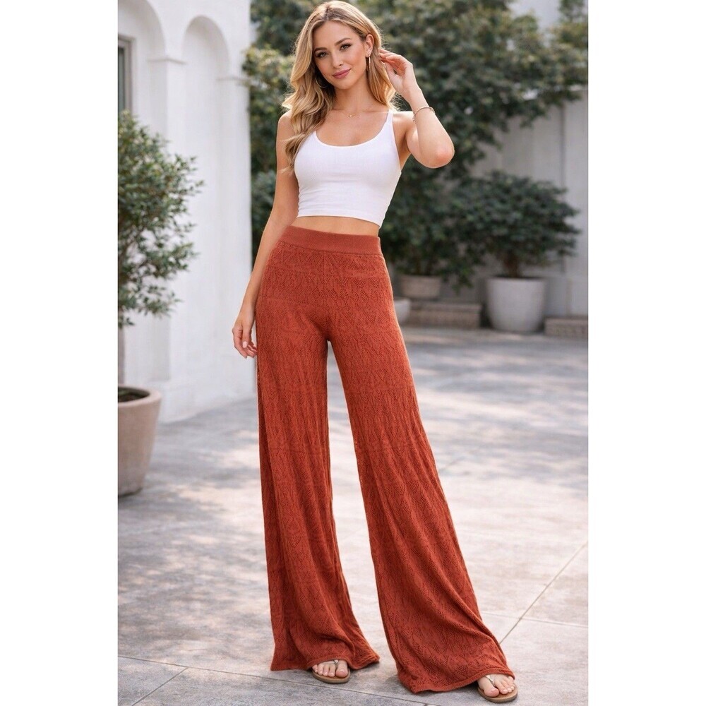 Flat White Rust Knit Wide Leg Pants Women’s M High Rise Textured Palazzo